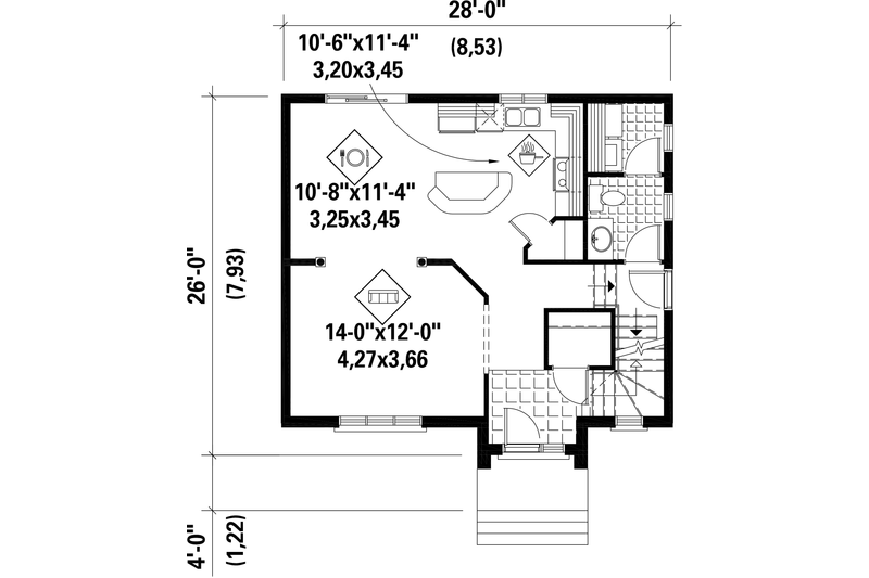 Home Plan - Floor Plan - Main Floor for European House Plan #25-4714 - 3 bed, 1 bath