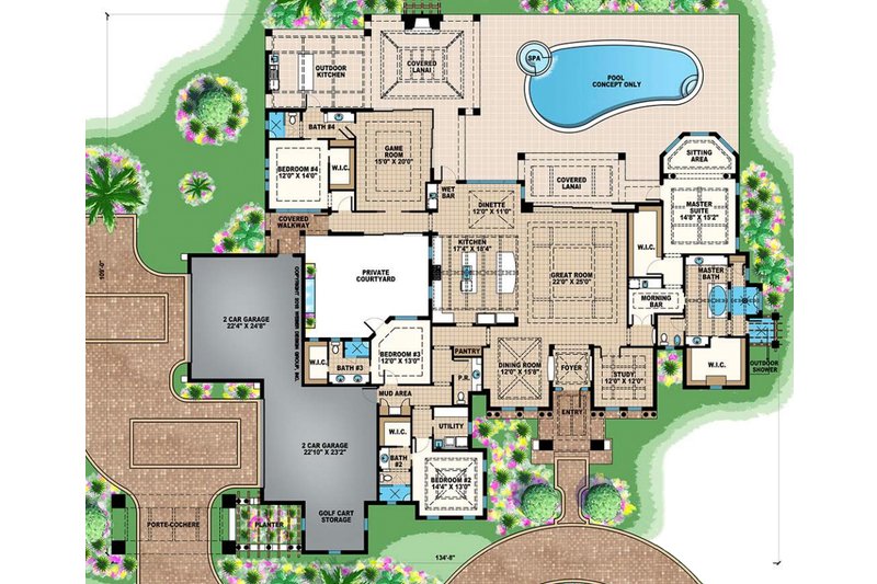 House Blueprint - Floor Plan - Main Floor for Mediterranean House Plan #27-545 - 4 bed, 4.5 bath