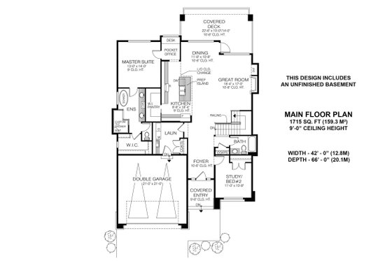 Floor Plan - Main Floor for Prairie House Plan #1100-12 - 2 bed, 2 bath