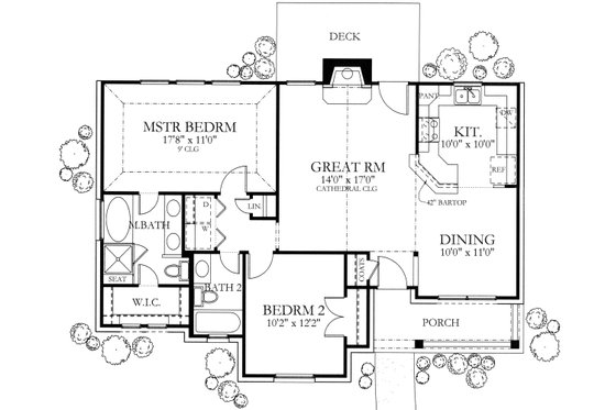 Floor Plan - Main Floor for Ranch House Plan #80-101 - 2 bed, 2 bath