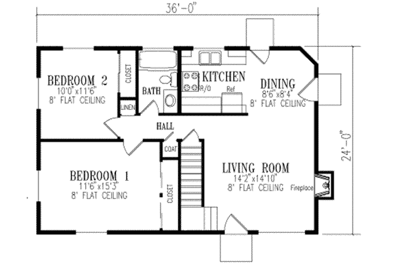 Home Plan - Floor Plan - Main Floor for Adobe / Southwestern House Plan #1-122 - 2 bed, 2 bath