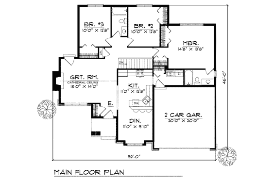 Floor Plan - Main Floor for Traditional House Plan #70-132 - 3 bed, 2 bath