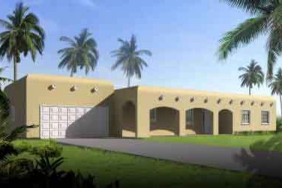 Exterior - Front Elevation for Adobe / Southwestern House Plan #1-1338 - 4 bed, 2 bath