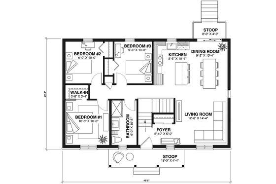 Floor Plan - Main Floor for Colonial House Plan #23-103 - 3 bed, 1 bath