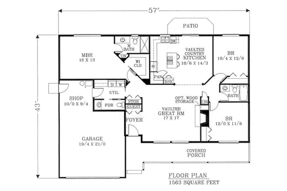 Floor Plan - Main Floor for Ranch House Plan #53-141 - 3 bed, 2 bath