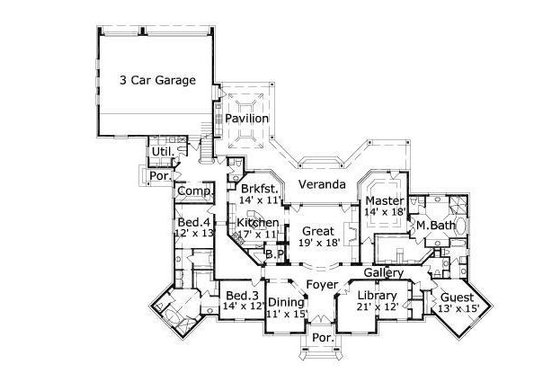 Floor Plan - Main Floor for European House Plan #411-420 - 4 bed, 3.5 bath