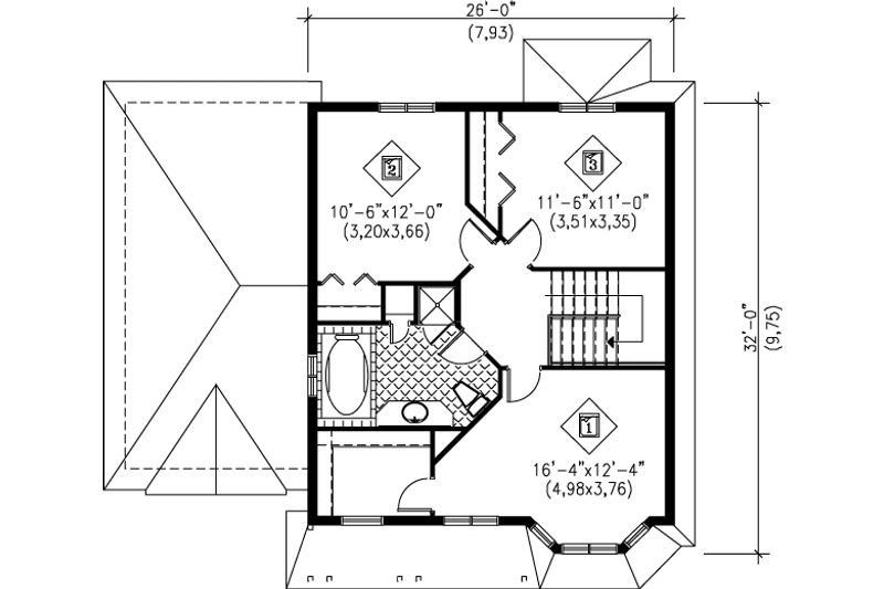 House Blueprint - Floor Plan - Upper Floor for Victorian House Plan #25-2024 - 3 bed, 1.5 bath