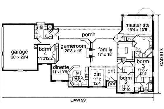 Floor Plan - Main Floor for Traditional House Plan #84-150 - 4 bed, 2.5 bath