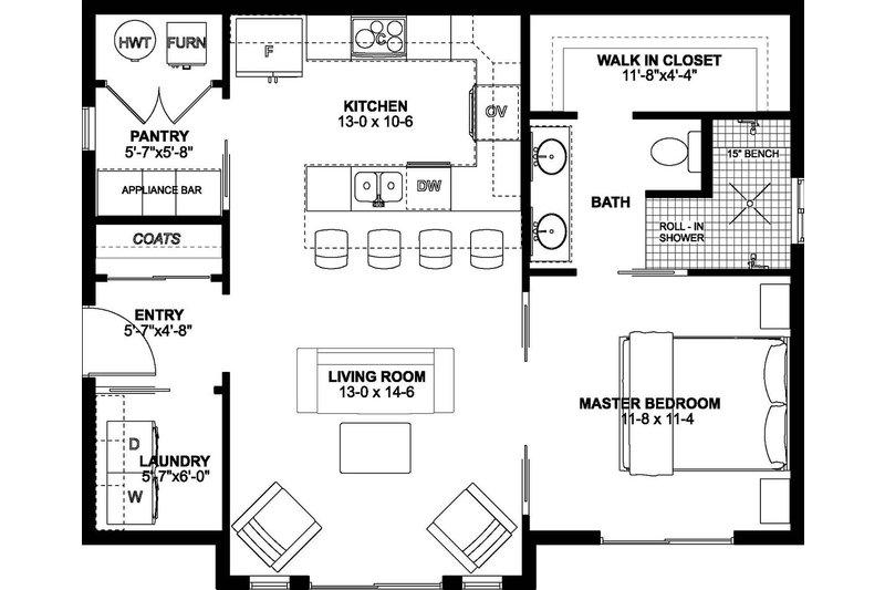 House Plan Design - Floor Plan - Main Floor for Cottage House Plan #126-222 - 1 bed, 1 bath