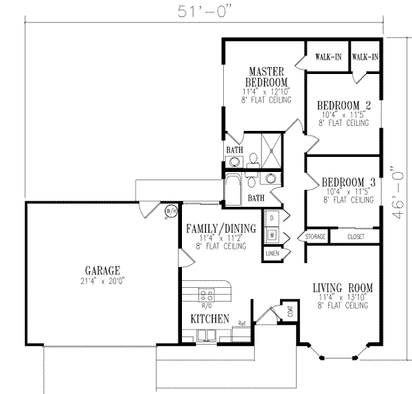 Ranch Style House Plan - 3 Beds 2 Baths 1135 Sq/Ft Plan #1-176 ...
