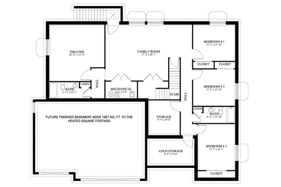 Floor Plan - Lower Floor for Traditional House Plan #1060-46 - 3 bed, 2.5 bath