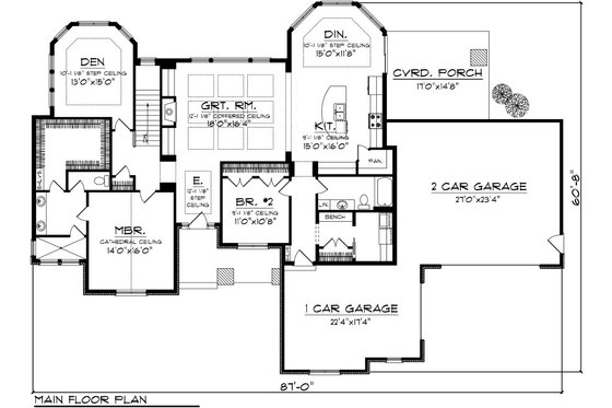 Floor Plan - Main Floor for Ranch House Plan #70-1086 - 2 bed, 2 bath