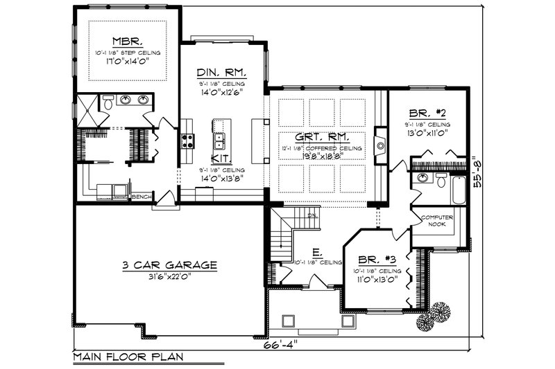 Home Plan - Floor Plan - Main Floor for Craftsman House Plan #70-1215 - 3 bed, 2 bath