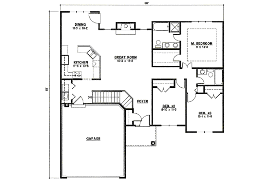 Floor Plan - Main Floor for Ranch House Plan #67-782 - 3 bed, 2 bath