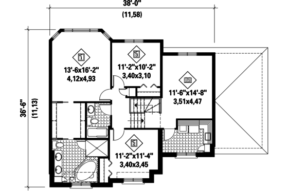 Floor Plan - Upper Floor for European House Plan #25-4376 - 3 bed, 2 bath