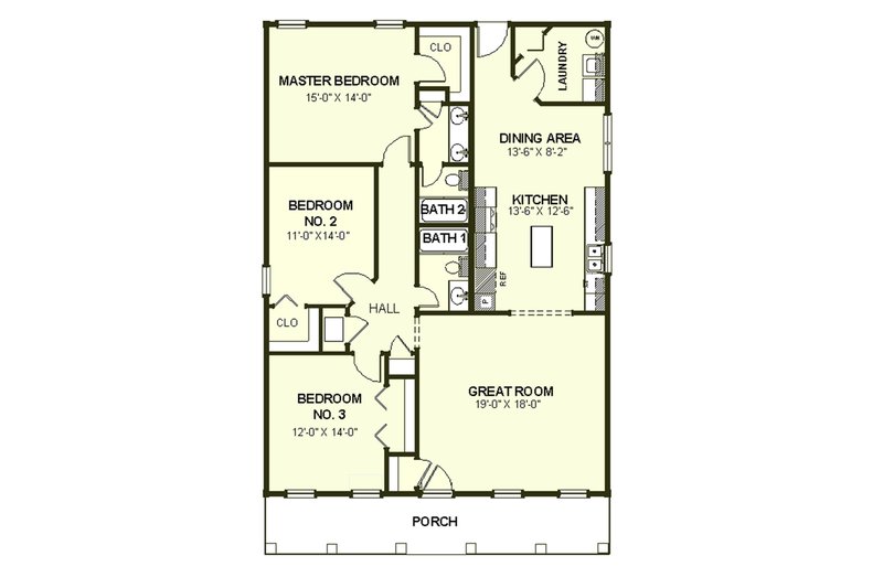 Home Plan - Floor Plan - Main Floor for Southern House Plan #44-151 - 3 bed, 2 bath