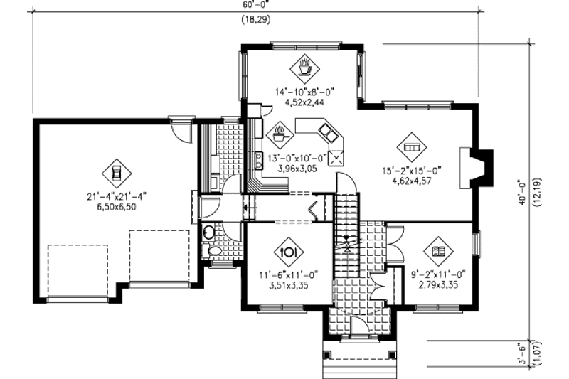 House Blueprint - Floor Plan - Main Floor for European House Plan #25-213 - 3 bed, 2.5 bath
