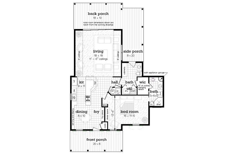 Architectural House Design - Floor Plan - Main Floor for Craftsman House Plan #45-588 - 1 bed, 1.5 bath