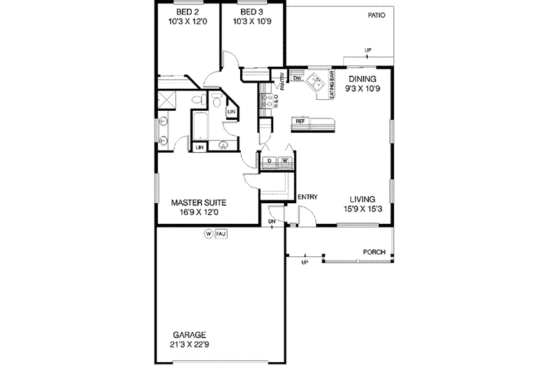 Home Plan - Floor Plan - Main Floor for Traditional House Plan #60-464 - 3 bed, 2 bath