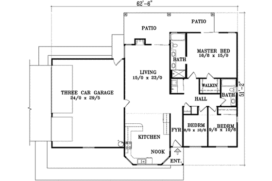 Floor Plan - Main Floor for Ranch House Plan #1-1266 - 3 bed, 2 bath