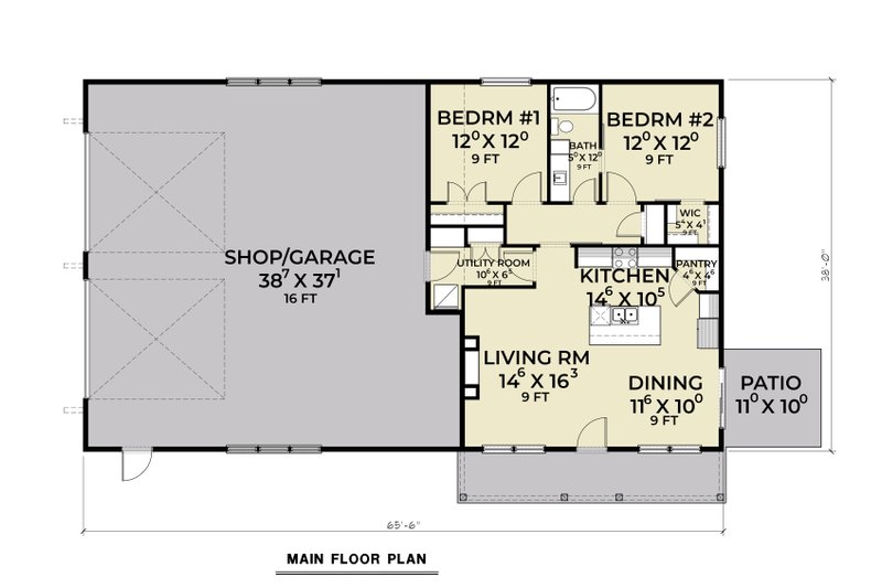 House Plan Design - Floor Plan - Main Floor for Barndominium House Plan #1070-207 - 2 bed, 1 bath