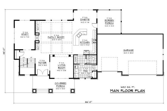 Floor Plan - Main Floor for Craftsman House Plan #51-290 - 3 bed, 2.5 bath