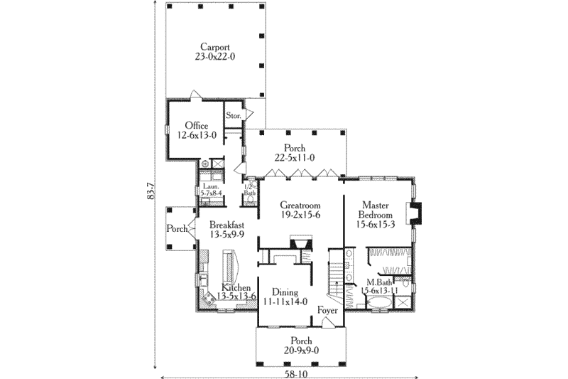 House Blueprint - Floor Plan - Main Floor for Southern House Plan #406-297 - 3 bed, 2.5 bath