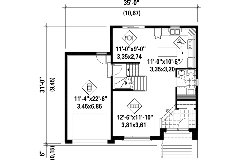 House Plan Design - Floor Plan - Main Floor for Contemporary House Plan #25-4340 - 3 bed, 1 bath