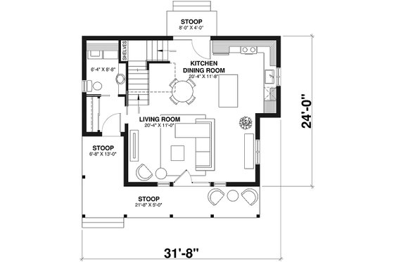 Floor Plan - Main Floor for Cottage House Plan #23-598 - 2 bed, 1.5 bath