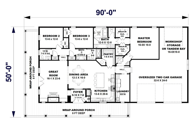 Home Plan - Floor Plan - Main Floor for Barndominium House Plan #44-291 - 3 bed, 2.5 bath