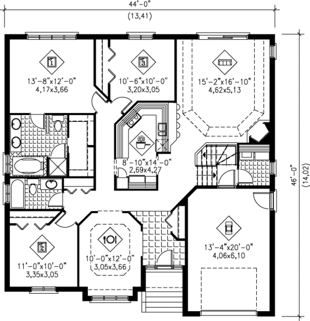 European Style House Plan - 3 Beds 2 Baths 1600 Sq/Ft Plan #25-150 - Houseplans.com