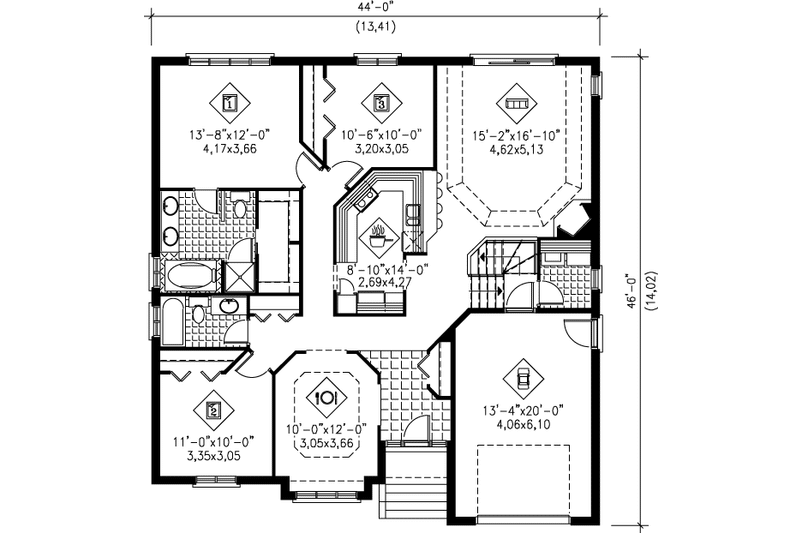 House Blueprint - Floor Plan - Main Floor for European House Plan #25-150 - 3 bed, 2 bath