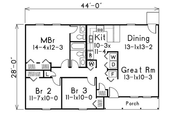 Floor Plan - Main Floor for Ranch House Plan #57-529 - 3 bed, 1.5 bath