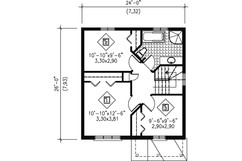 House Blueprint - Floor Plan - Upper Floor for European House Plan #25-4008 - 3 bed, 1.5 bath