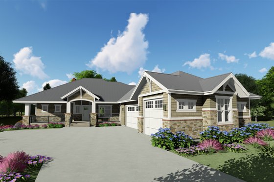 Exterior - Front Elevation 3 for Craftsman House Plan #1069-14 - 2 bed, 2.5 bath