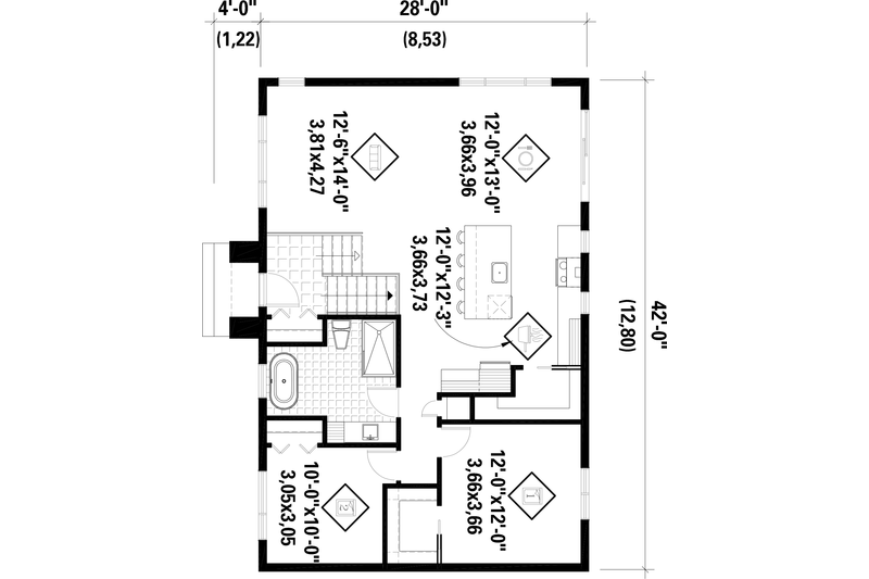 House Blueprint - Floor Plan - Main Floor for European House Plan #25-5043 - 2 bed, 1 bath