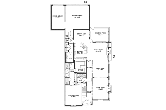 Floor Plan - Main Floor for Southern House Plan #81-332 - 4 bed, 3.5 bath