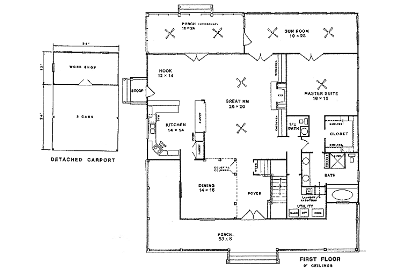 House Plan Design - Floor Plan - Main Floor for Southern House Plan #14-203 - 3 bed, 2.5 bath