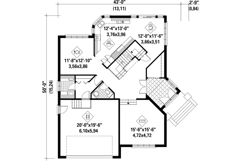 House Blueprint - Floor Plan - Main Floor for European House Plan #25-4530 - 3 bed, 2 bath
