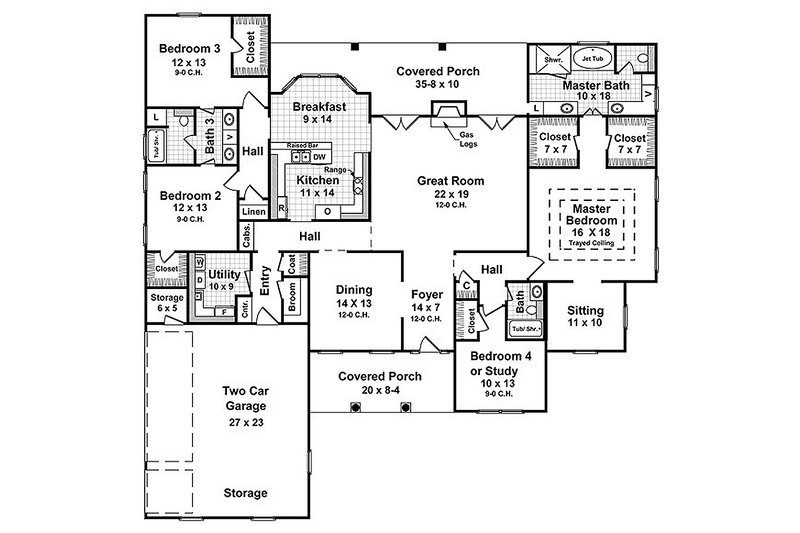 House Blueprint - Main level floor plan - 2800 square foot Country home