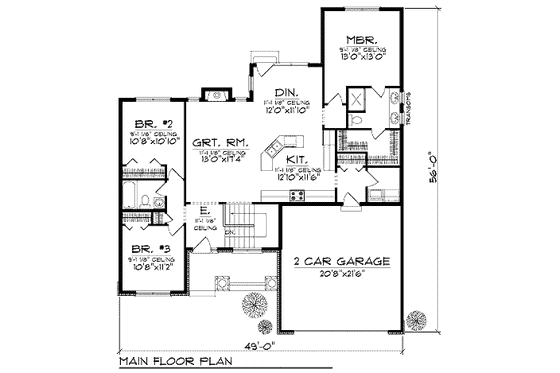 Floor Plan - Main Floor for Craftsman House Plan #70-903 - 3 bed, 2 bath