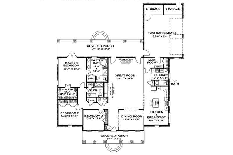 Dream House Plan - Floor Plan - Main Floor for Southern House Plan #44-164 - 3 bed, 2.5 bath