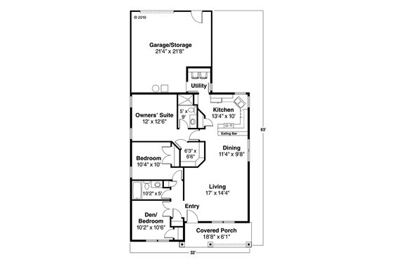 Floor Plan - Main Floor for Cottage House Plan #124-309 - 3 bed, 2 bath
