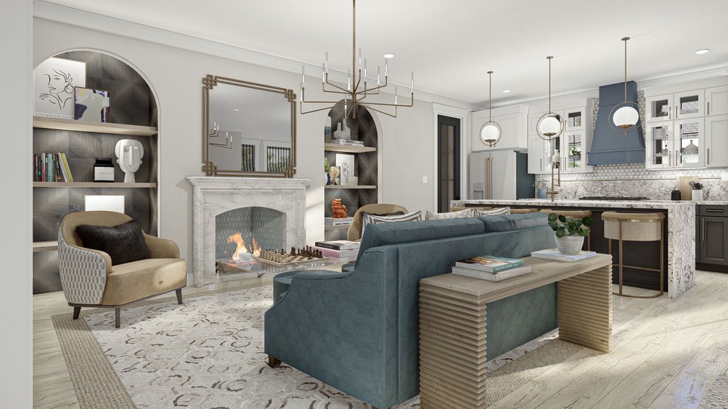 Living room with fireplace and open view into the kitchen