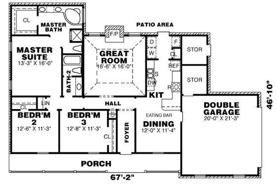 Floor Plan - Main Floor for Ranch House Plan #34-165 - 3 bed, 2 bath