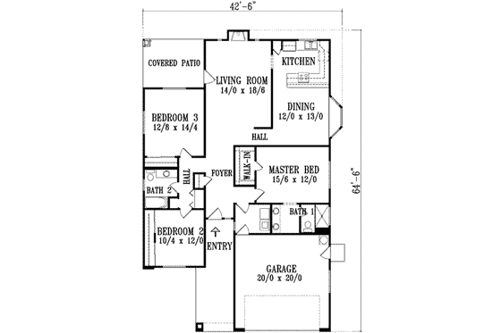 Floor Plan - Main Floor for Adobe / Southwestern House Plan #1-1313 - 3 bed, 2 bath
