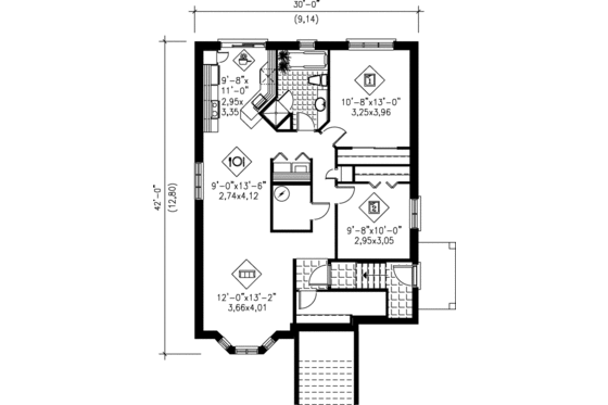 Floor Plan - Lower Floor for European House Plan #25-308 - 2 bed, 1 bath