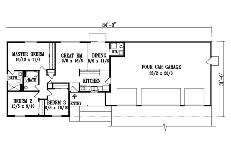 Architectural House Design - Floor Plan - Main Floor for Ranch House Plan #1-1062 - 3 bed, 2 bath