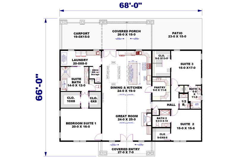 House Blueprint - Floor Plan - Main Floor for Barndominium House Plan #44-300 - 3 bed, 3.5 bath