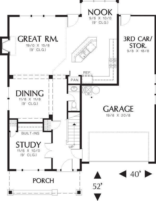 Main level floor plan - 1950 square foot Craftsman home